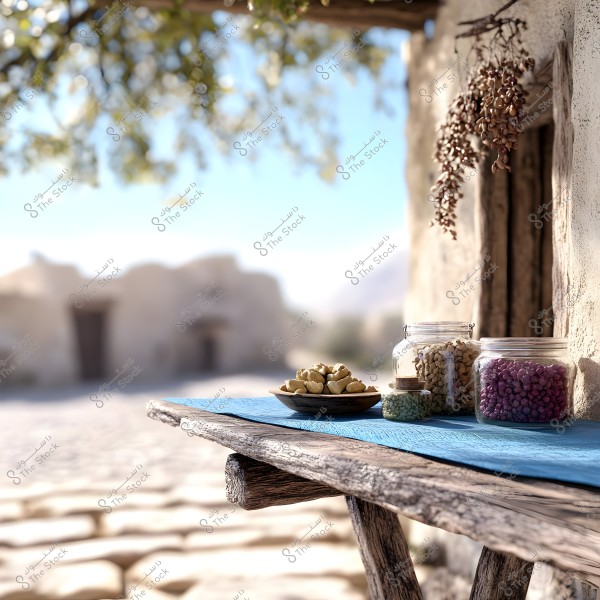 The image shows a rustic wooden table placed outside a traditional old structure. On the table, there are glass jars filled with colored grains, and a plate filled with nuts or seeds. The setting appears to be in a rural or desert area, with mud buildings and an overhanging tree in the background.