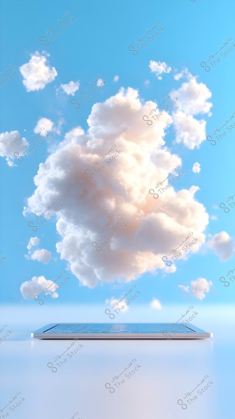 An image illustrating the concept of cloud computing, featuring a large cloud emerging from the screen of a tablet or laptop placed on a smooth surface. The cloud consists of clusters of soft white clouds, floating in a clear blue sky background.