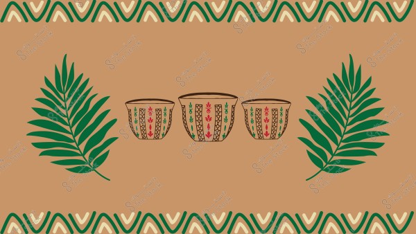 The image features an ornamental design showing three cups with traditional green and red patterns. The cups are set against a brown background with green palm leaves on both sides. The top and bottom of the image include a wavy decorative pattern in green and ivory colors.