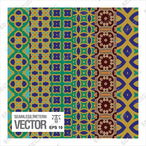 تصميمات متكررة ملونة بزخارف هندسية متنوعة باللونين الأزرق والذهبي والبني.