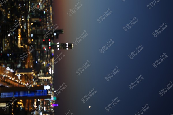 صورة لمشهد مدينة ليلي مضاء يظهر مباني شاهقة الأضواء. الأضواء الساطعة والألوان المتوهجة تمثل مشاهد الليل في المدينة. السماء مظلمة مع تدرج ألوان خافت.