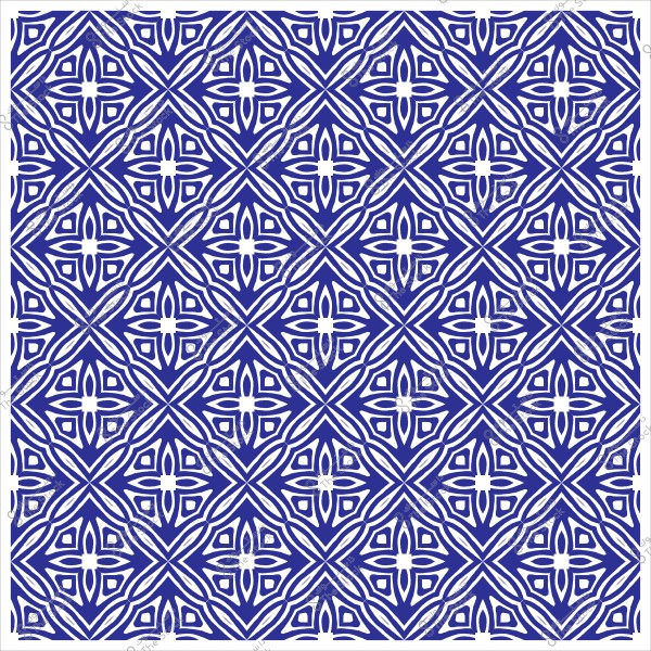 Blue and white decorative pattern featuring repeating geometric shapes.