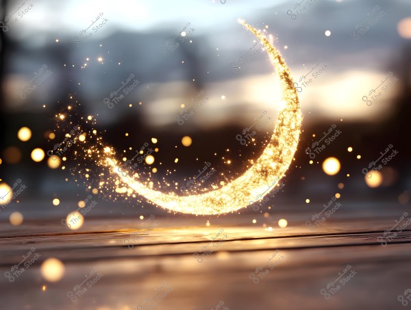 An abstract image depicting a sparkling crescent made of shimmering golden lights glittering in the air. The background is blurred, showing warm colors suggesting a sunset.