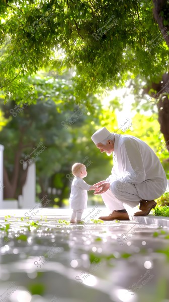 An image of an elderly man wearing a white robe and hat, bending down to hold the hand of a small child in a green garden. They are shaded by thick trees, surrounded by green leaves scattered on the dew-covered ground.
