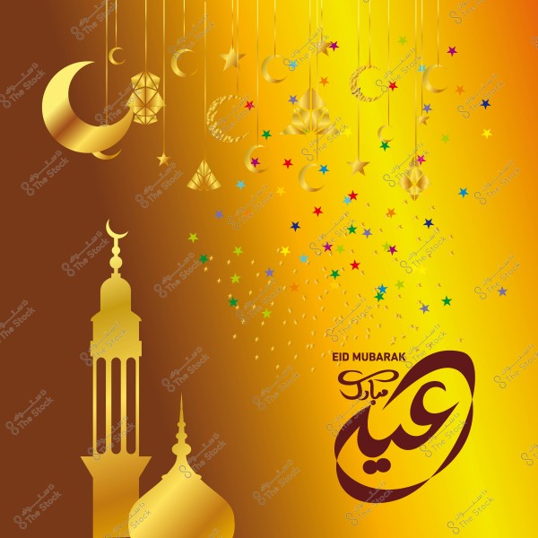 Eid Mubarak design featuring a crescent moon and golden stars hanging with colorful decorations, alongside a mosque minaret.
