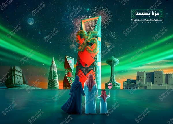 The image depicts a celebratory scene with the Kingdom Tower in Riyadh, adorned with illuminated festive decorations for the 95th Saudi National Day. In the foreground, a family dressed in traditional Saudi attire is observing the light display. The sky is filled with fireworks and vibrant green aurora-like decorations. The Saudi national slogan \"Our Pride in Obedience\" is written in the top right.