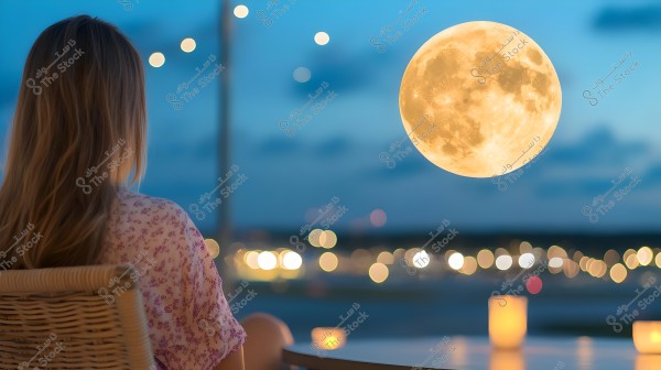 An image showing a woman sitting on a chair with her back to the camera, gazing at a large full moon in a blue sky sprinkled with stars and illuminated lights in the background. The woman is wearing a light-colored blouse with pink patterns. In front of her is a table with lit candles that illuminate the scene.
