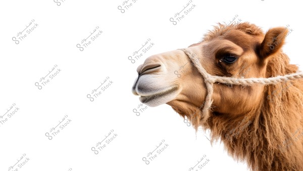 A close-up image of a camel\'s head with light brown fur, showing its left side. The camel is wearing a rope around its head, and the background is entirely white.