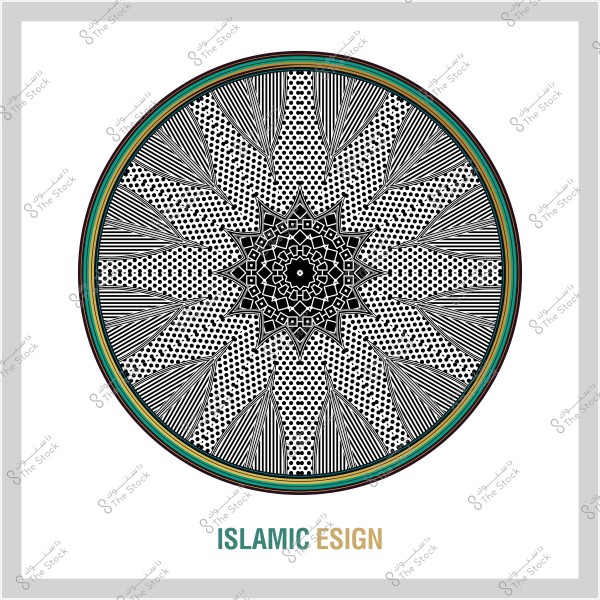 Islamic circular design with a complex geometric pattern featuring lines and dots, with contrasting colors of black, blue, and yellow.
