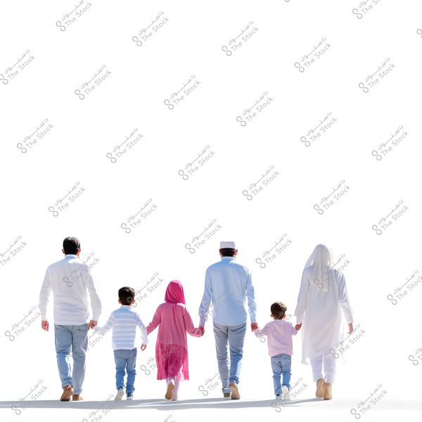 Image of a family of six members, shown from behind as they walk in a row. The men are wearing light-colored shirts and jeans, and a woman is dressed in a traditional white garment that covers her completely, while the young girl is wearing a pink dress and hijab. The children are in casual light-colored clothing.