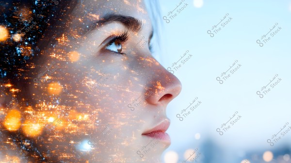 A side portrait of a woman with her head slightly tilted upwards, showing detailed facial features such as the nose and lips. The face is overlaid with an image of city lights at night, creating an effect that merges a portrait with bright nightscape lighting. The background is light blue, adding a calm tone to the image.