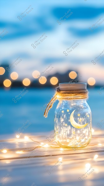 An image of a glass jar placed on a wooden surface illuminated by small string lights. The jar is decorated with a crescent moon and stars and is wrapped with a piece of string. In the background, a cityscape with blurred lights and a blue dusk sky is visible.