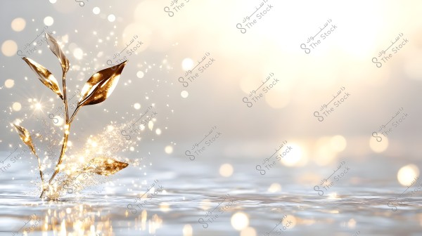 The image depicts a golden branch emerging from the water, surrounded by sparks and golden light, with a blurred background showing shimmering glitter in the air. The golden light adds a glow to the entire scene, enhancing the sense of magic and fantasy.