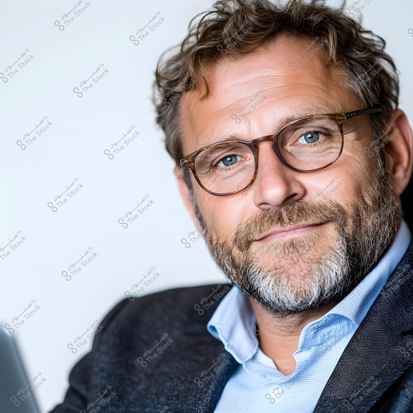 Portrait of a man wearing brown-framed glasses, a light blue shirt, and a dark suit. He has a light beard and short wavy brown hair, looking with a gentle smile. The background is a neutral white.