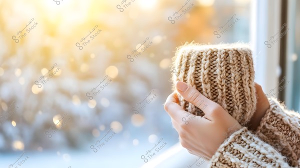 The image shows hands holding a mug wrapped in a knitted wool cover, with the person wearing a woolen sweater. In the background, there is a natural scene with warm lighting and diffused sunlight, conveying a sense of warmth during winter.