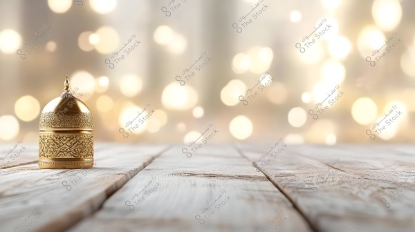 An image of an old wooden surface with a small ornate golden lantern on the left. The background features warm bokeh light effects glowing in gold, creating a calm and soothing atmosphere.