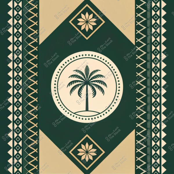 تصميم زخرفي بنمط هندسي يحتوي على نخلة داخل دائرة مركزية. التصميم بألوان خضراء وبيج مع خطوط ودوائر مزخرفة, ويتضمن أيضاً أشكالاً نباتية وزخارف تقليدية.