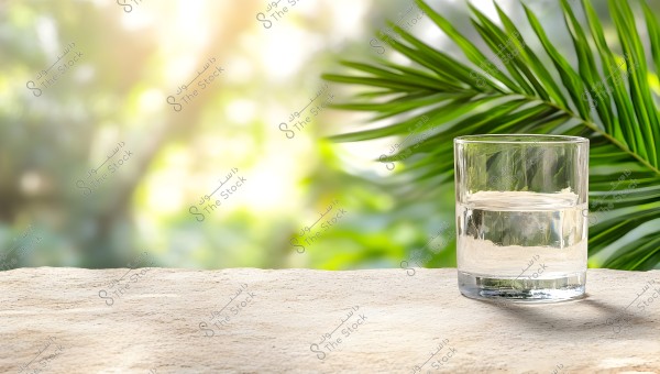 A glass of water placed on a stone surface with a blurred background of green foliage and sunlight. Large green palm leaves are visible on the right side of the image.