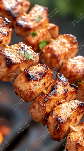 Image showing skewers of grilled chicken pieces, well-seasoned and grilled with dark brown char marks. There are small pieces of parsley as a garnish on the chicken, and the background is blurred with a hint of grill fire.
