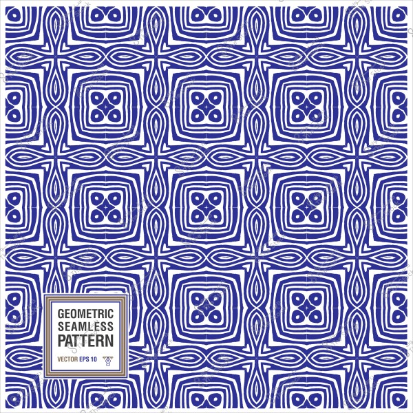 نمط هندسي أزرق وأبيض متكرر يحتوي على أشكال مربعة ومتموجة.