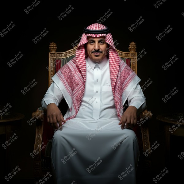 A portrait of a man sitting on an ornate chair. He is wearing traditional Saudi attire, consisting of a white thobe, red and white checkered shemagh, and a black agal. The lighting focuses on the man against a dark background, highlighting the details of his traditional clothing.