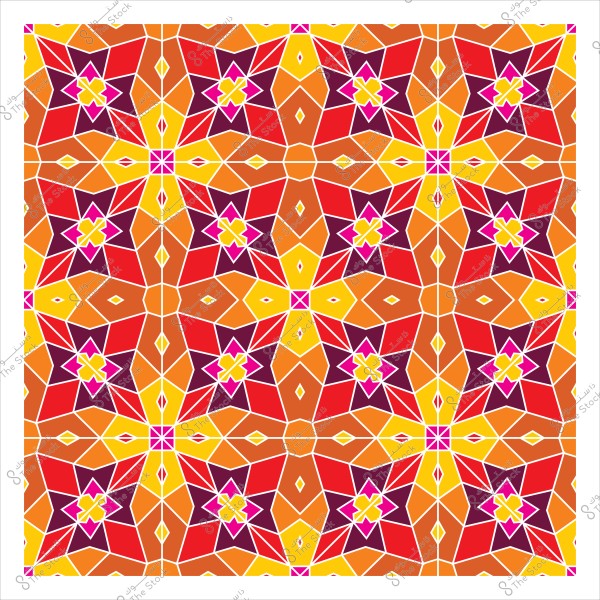 نمط هندسي إسلامي بألوان زاهية تشمل الأحمر والبرتقالي والأصفر, يشكل تصميمًا متناسقًا.