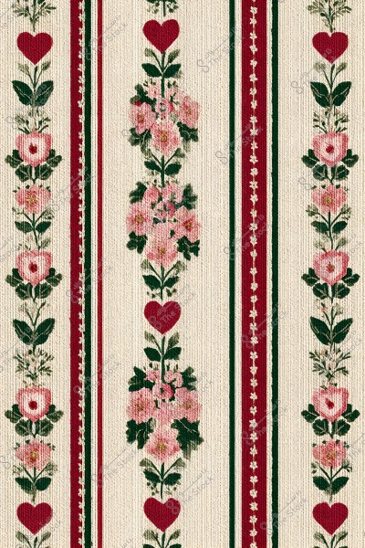 نسيج مزخرف يتضمن تصميمًا بخطوط رأسية وعناصر نباتية. يحتوي التصميم على زهور وردية وأوراق خضراء, مع قلوب حمراء متكررة. هناك خطوط عريضة باللون الأحمر والأخضر تفصل بين الأنماط النباتية. الخلفية باللون البيج.