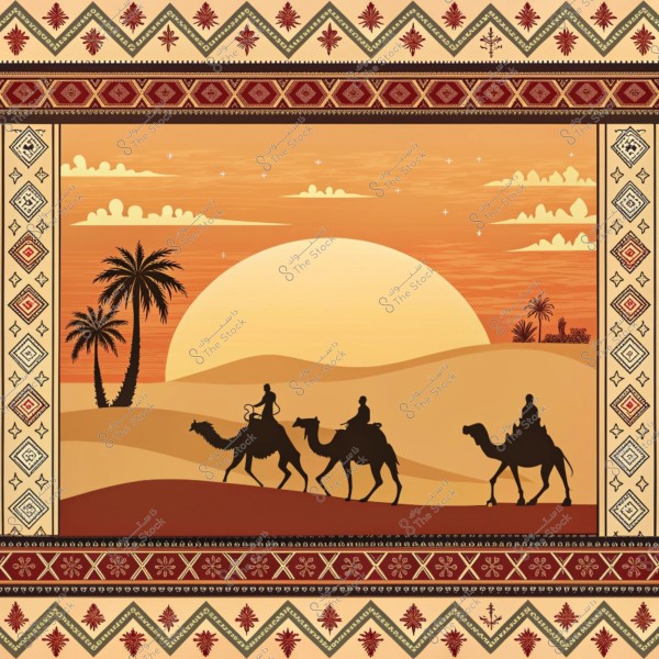 صورة فنية تمثل مشهداً صحراوياً يظهر غروب الشمس خلف الكثبان الرملية. تتواجد أشجار النخيل في طرف الصورة مع سماء مليئة بالغيوم. يظهر ثلاثة أشخاص يمتطون الجمال يسيرون في الصحراء. تحيط بالصورة زخارف مستوحاة من التصاميم التقليدية العربية.