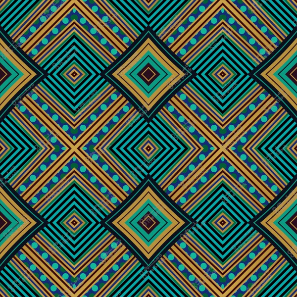 نمط هندسي متماثل بألوان زرقاء وبرتقالية مع خطوط وأشكال ماسية متكررة.