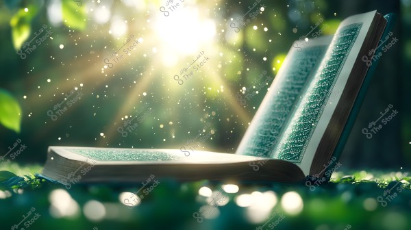 An image of an open book displaying its pages beautifully under sunlight streaming through trees. The Arabic text on the pages is clear, with a natural lighting effect and the sun adding a serene and spiritual touch to the scene.