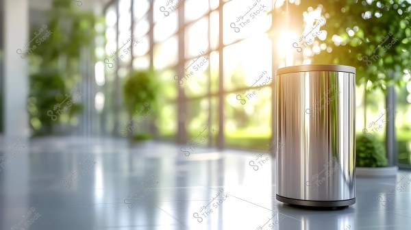 An image of a sleek, shiny metal trash can standing in a well-lit indoor space, with large glass windows allowing natural light to enter. Green plants in pots are scattered near the windows in the background, creating a relaxed, natural scene.