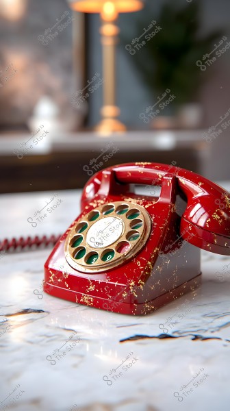 A vintage rotary phone in red with a gold pattern on a white marble surface. The background features a lit lamp and blurred decor.