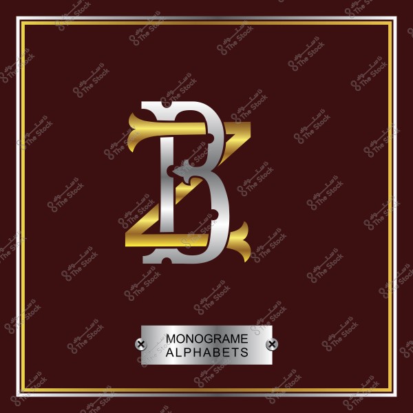 تصميم شعار أحرف متداخلة باللونين الذهبي والفضي على خلفية بنية داكنة مكتوب عليه \"MONOGRAM ALPHABETS\".