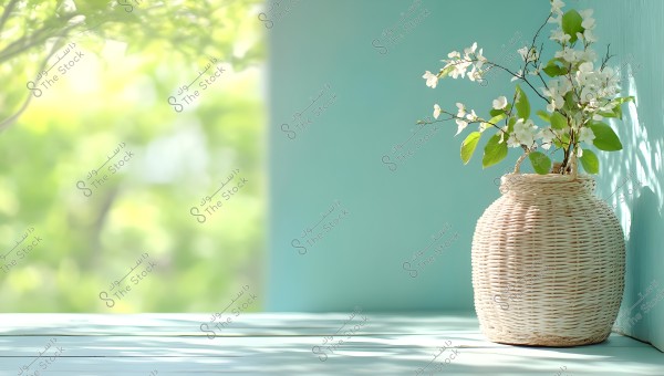 A wicker vase is placed on a light blue wooden surface. The vase contains white flowers with green leaves. The background is blurred with light green colors, possibly indicating a bright nature or garden setting.