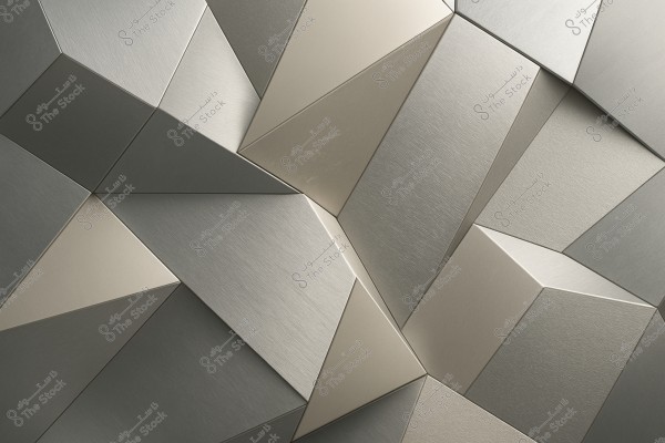 An abstract pattern showcasing a series of interlocking geometric shapes in contrasting shades of gray and beige. The surface has a metallic sheen with subtle light reflections.