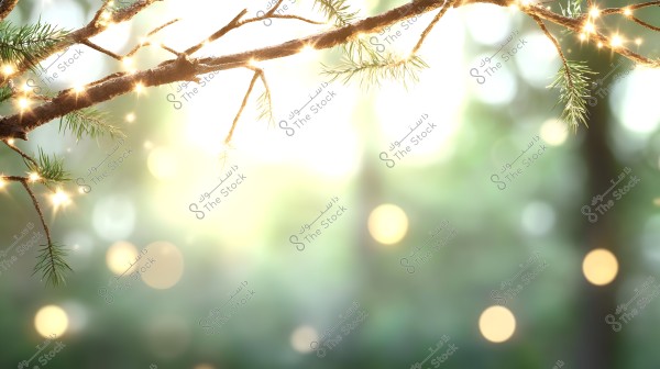 A tree branch adorned with small twinkling lights and fine green needles, set against a blurred background of glistening sunlight and fuzzy silhouettes of trees. The scene evokes tranquility and a sense of natural purity.