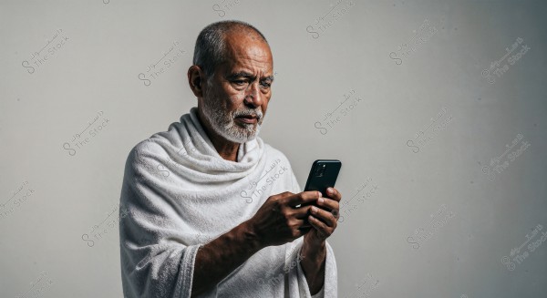 A portrait of an elderly man with a white beard wearing a white Ihram, looking at a smartphone. The background is neutral and simple, emphasizing the focus on the person and the phone.