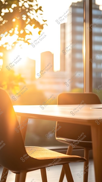 An interior scene featuring a wooden table with two chairs in the foreground. Natural lighting is coming from large windows, showing an outdoor view of tall buildings under bright sunlight. Sun rays stream through, creating a warm and glistening atmosphere.