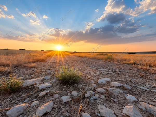 The image depicts a natural scene of a sunset illuminating the sky with golden and orange hues. The sun is positioned at the horizon between clouds, with its rays reflecting over a field of grass in shades of brown and gold. The ground is rocky with an unpaved path covered with white stones and scattered vegetation.