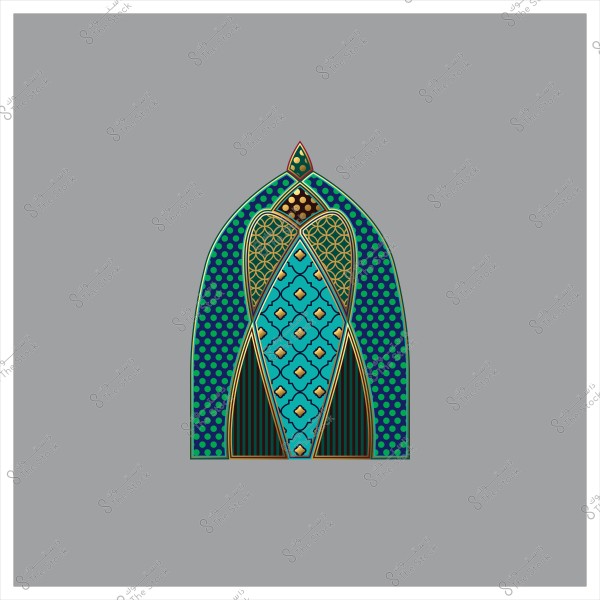 زخرفة عربية هندسية على خلفية رمادية بتصميم متماثل, باللونين الأزرق والأخضر مع تفاصيل ذهبية.