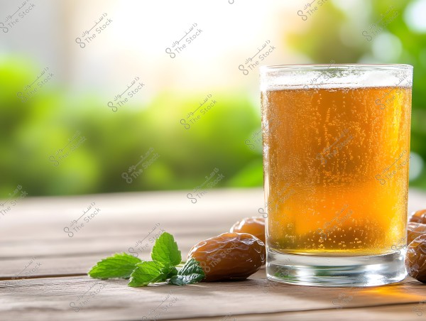 A glass cup containing a cold, fizzy golden drink placed on a wooden surface. Next to the glass are three dates and green mint leaves. In the background, there is a green natural scenery with bright natural lighting.
