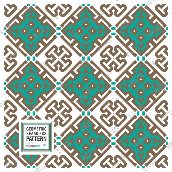 Geometric seamless pattern consisting of repeating shapes in brown and turquoise green colors.