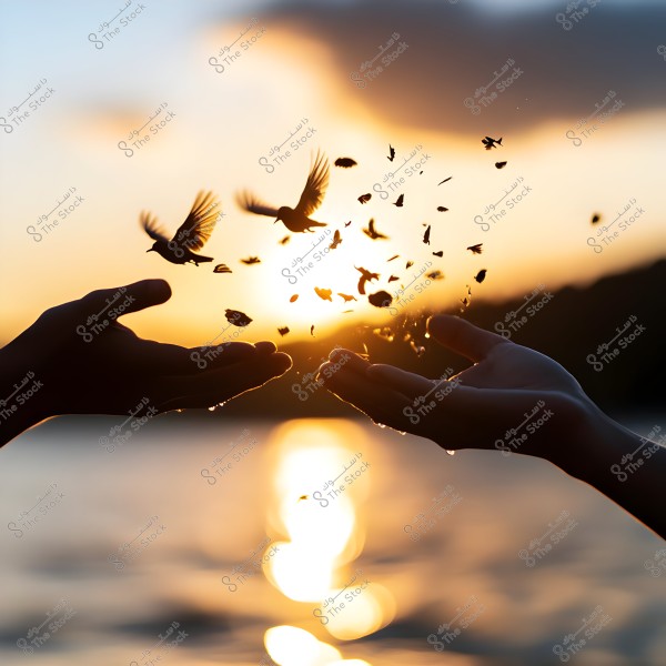 Two hands reaching towards the sky in a sunset scene. A group of birds is flying between the hands and through the sun\'s rays. The sky is orange with dark clouds on the horizon, and the sea serves as a backdrop for the image.