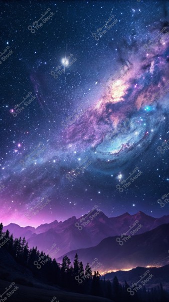 Image of a starry night sky filled with stars and galaxies in shades of purple and blue. Below, shadowy mountain ranges are visible with a glow of city lights on the horizon, creating a dreamy and magical atmosphere.