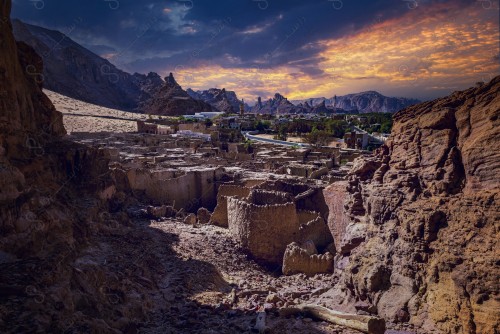 A shot showing the old town of Al-Ula in Saudi Arabia, ancient archaeological landmarks, ancient architecture