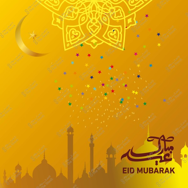 تصميم تهنئة بعيد الفطر باللون الذهبي مع هلال وزخارف إسلامية وعبارة \"عيد مبارك\".