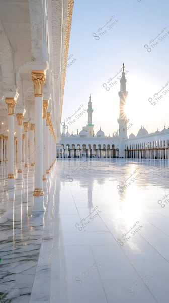 Image of a series of white columns adorned with gold in the courtyard of a large mosque, with sunlight reflecting off the shiny marble floor during sunrise. In the background, the mosque\'s minarets and white domes are visible under a blue sky.