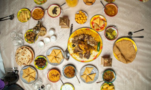 Multiple plates of popular dishes, a Saudi family breakfast in Ramadan, Ramadan meals