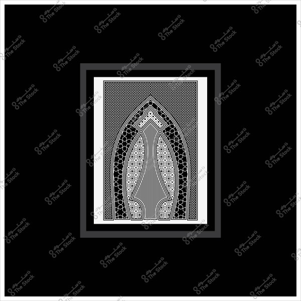 تصميم زخرفي معقد بأشكال هندسية داخل إطار مستطيل, يحتوي على تفاصيل فنية متقنة بالأبيض والأسود.