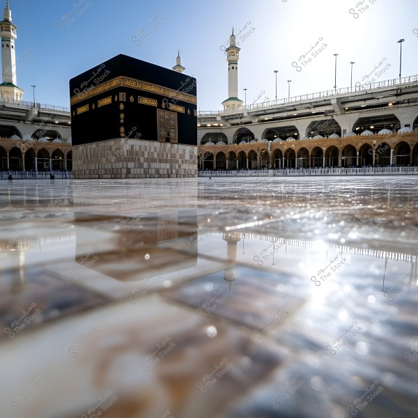 An image of the Kaaba in Mecca, Saudi Arabia, showing the black structure adorned with golden inscriptions in the center of the wide courtyard of the Grand Mosque. The shiny marble floor surrounds it, with two minarets of the mosque visible in the background.